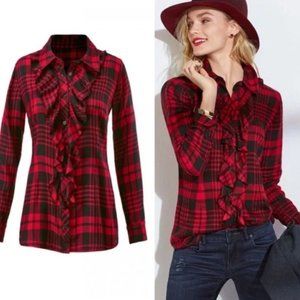 CAbi Lodge Plaid Ruffle Button Blouse #3335 S
